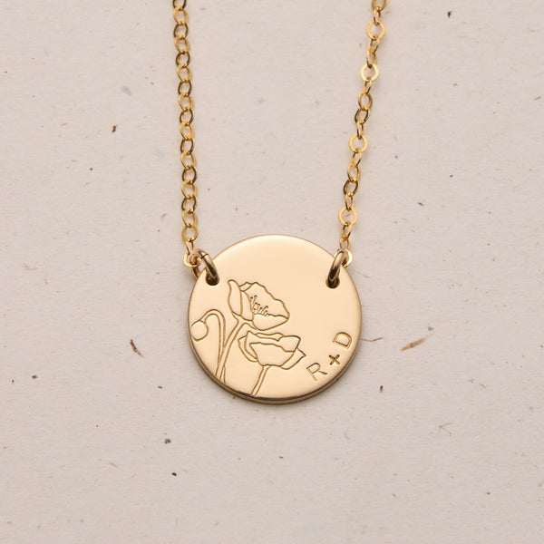 fiori poppy necklace flower stamp curved text  initials name goldfill sterling silver rose goldfill large fixed pendant