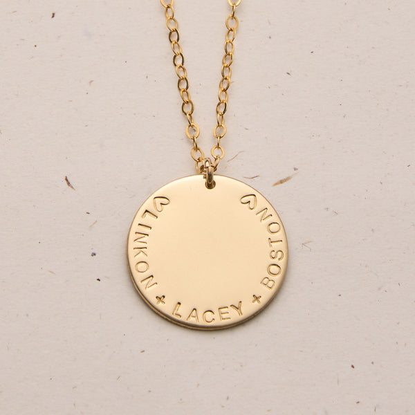 extra large pendant curved centred text tiny neat sweet script font goldfill sterling silver rose goldfill dainty delicate meaningfull dates children names roman numerals 