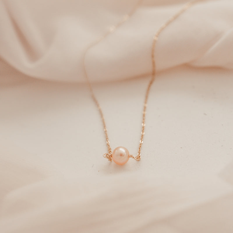 thin necklace pearl peach ivory delicate chain dainty goldfill sterling silver