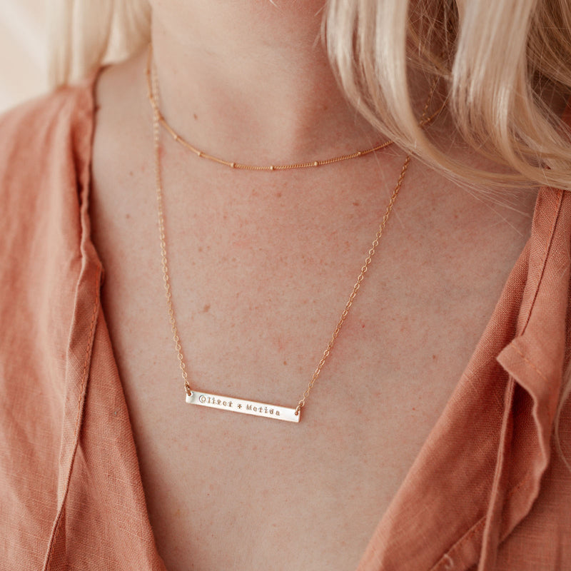 long skinny bar necklace rose goldfill sterling silver goldfill name date wedding gift initials roman numerals childrens name tiny symbols