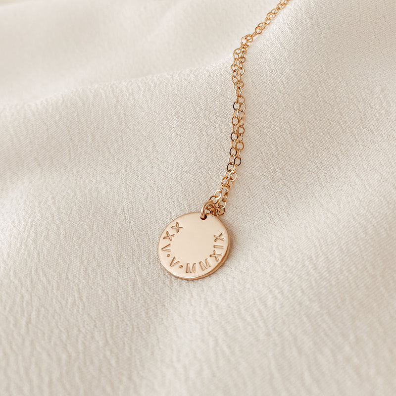 medium pendant curved centred text tiny neat sweet script font goldfill sterling silver rose goldfill dainty delicate meaningful dates symbol children names roman numerals
