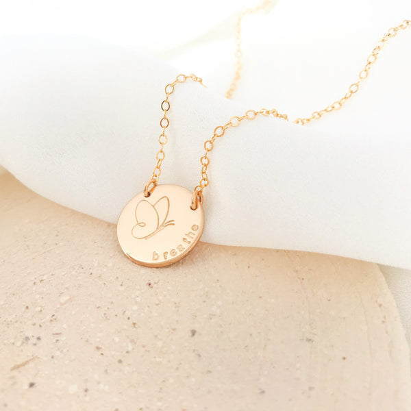 butterfly stamp necklace curved text  initials name goldfill sterling silver rose goldfill large fixed pendant