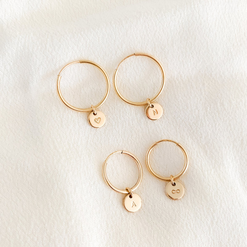 tiny pendant hoop earrings dangly tiny initial symbol rose goldfill sterling silver goldfill 14mm 16mm day and night hoops