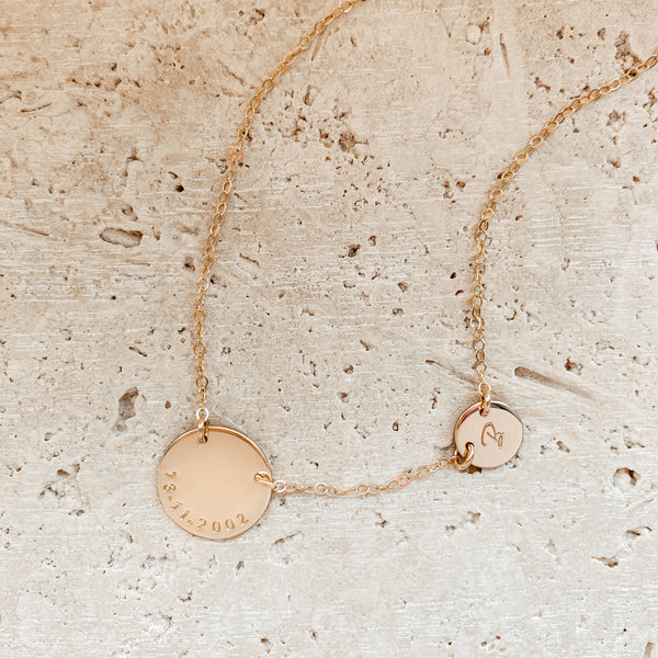 large pendant curved centred text tiny neat sweet script font small pendant symbol initial goldfill sterling silver rose goldfill dainty delicate meaningfull dates children names roman numerals fixed chain
