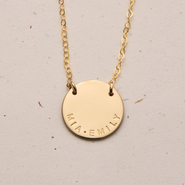large pendant curved centred text tiny neat sweet script font goldfill sterling silver rose goldfill dainty delicate meaningfull dates children names roman numerals fixed chain