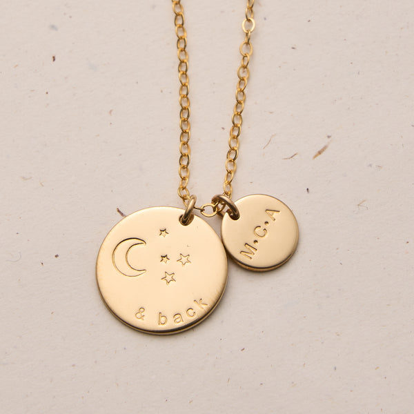 moon and stars stamp necklace initials name goldfill sterling silver rose goldfill large and small pendant