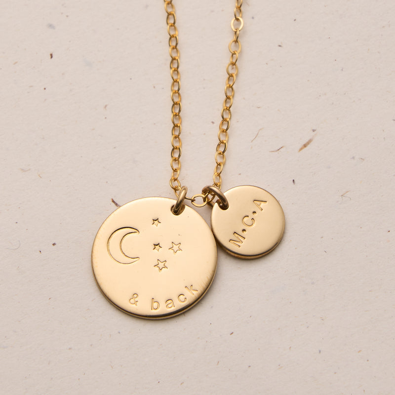moon and stars stamp necklace initials name goldfill sterling silver rose goldfill large and small pendant