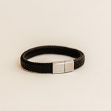 mens bracelet leather braided matching son dad tiny initials symbols stainless steel clasp oak black