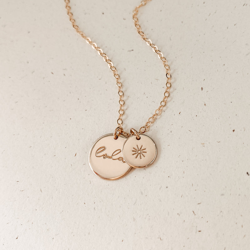 medium pendant double pendant curved centred text tiny neat sweet script font small pendant goldfill sterling silver rose goldfill dainty delicate meaningful dates symbol children names roman numerals 