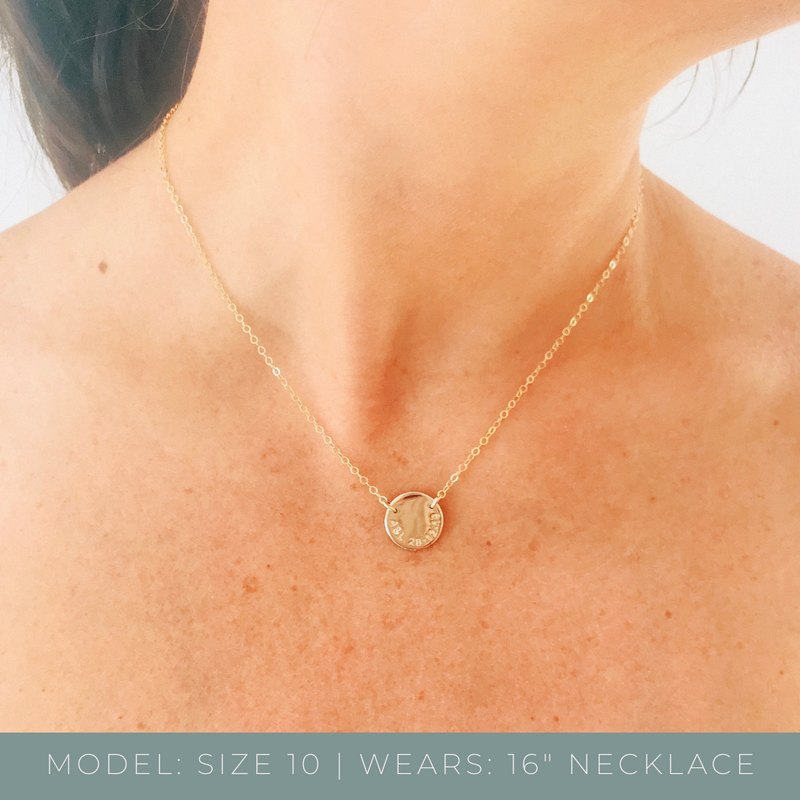 medium pendant double hole fixed curved centred text tiny neat sweet script font goldfill sterling silver rose goldfill dainty delicate meaningful dates symbol children names roman numerals