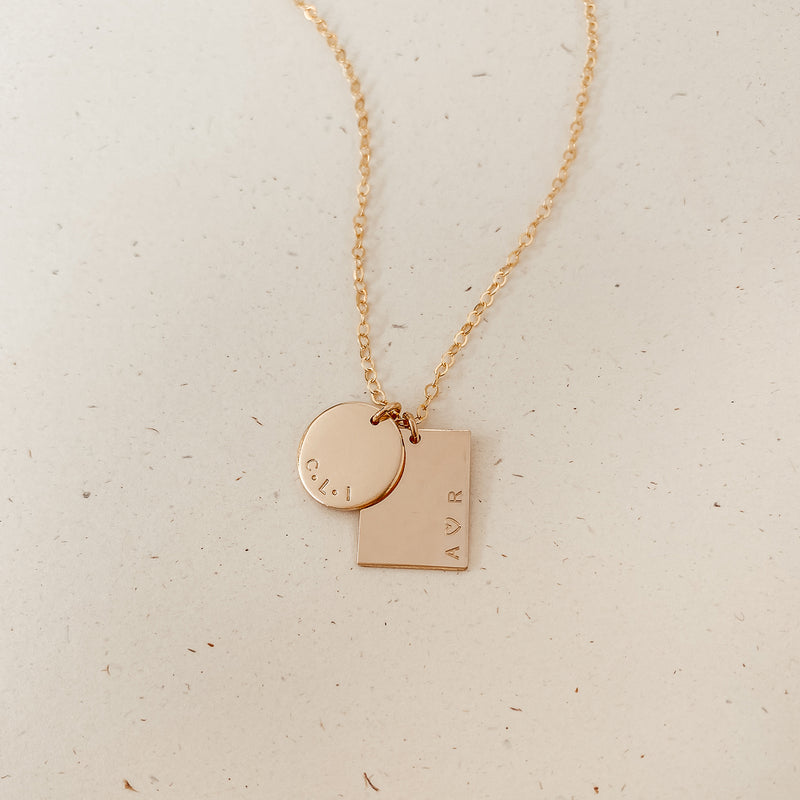 medium pendant round rectangle curved centred text tiny neat font goldfill sterling silver rose goldfill dainty delicate meaningful dates symbol children names roman numerals