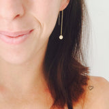 woman wearing Esther thread through earrings, hand stamped jewellery Australia
