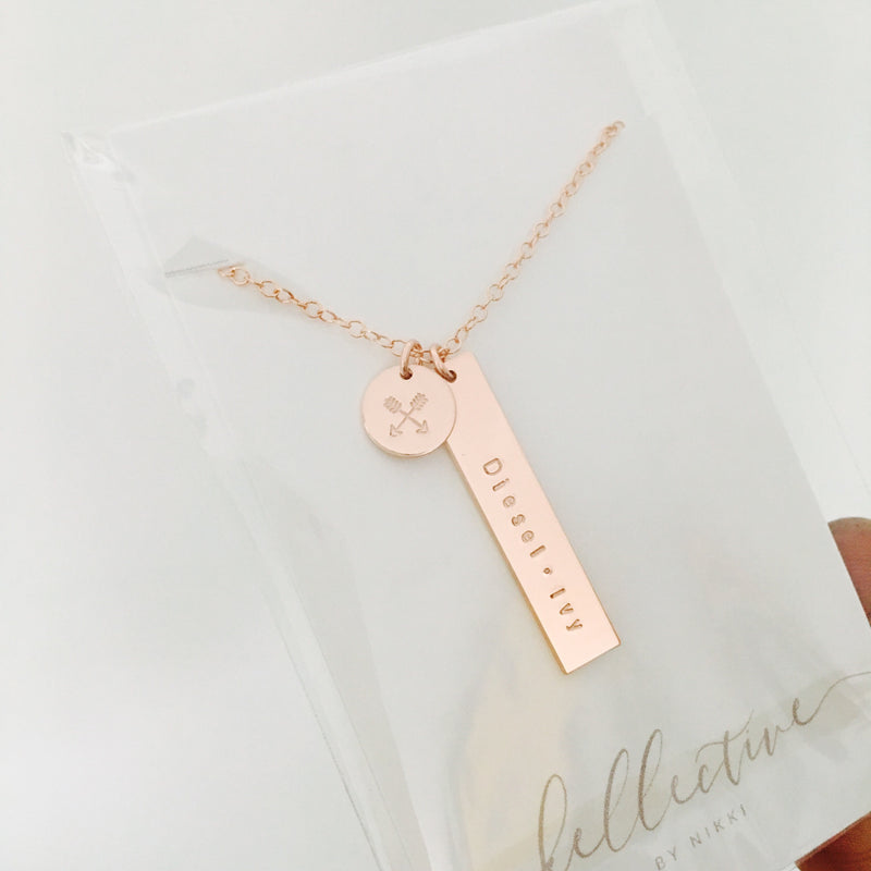 bella hanging bar and pendant necklace, hand stamped jewellery australia,  bar name necklace australia