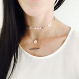 woman wearing arabella choker personalised jewellery australia with three layer necklace set bar name necklace australia